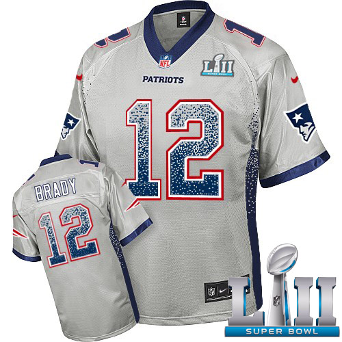 Nike Patriots #12 Tom Brady Grey Super Bowl LII Youth Stitched NFL Elite Drift Fashion Jersey - Click Image to Close